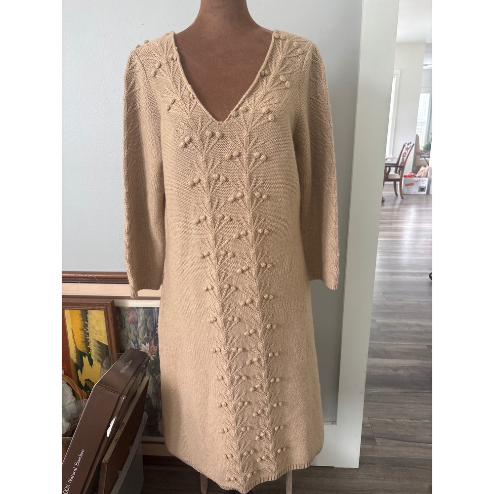 Badgley Mischka Tan V-Neck Pom Pom Pointelle Knit Sweater Dress Midi Womens